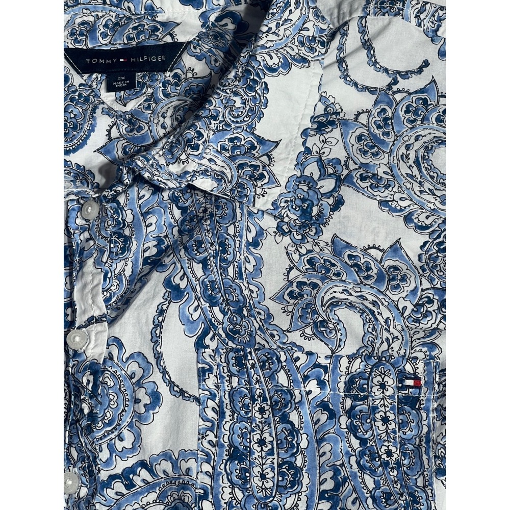 Tommy Hilfiger Womens 2X Blue White Paisley Cotton Short Sleeve Button Down Top